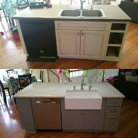 Grey kitchen island before and after from front